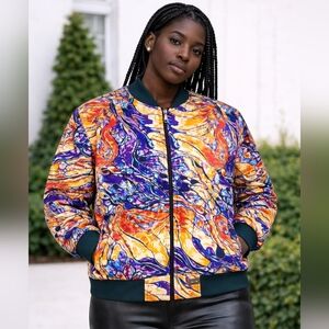Women’s XXL Abstract Bomber Jacket | Colorful Zip-Up | Size Chart Included